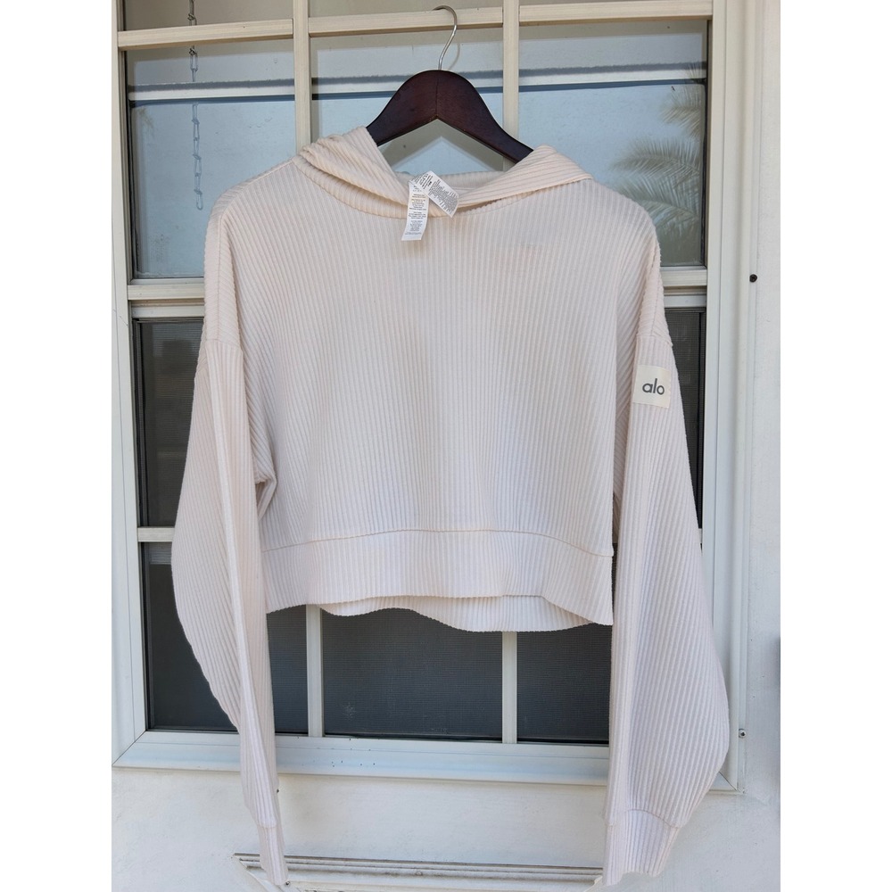 Alo Yoga Muse Ribbed Cropped Hoodie Bone White Relaxed Fit S Boxy Active